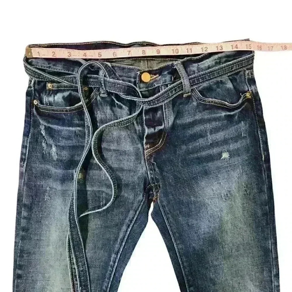 mnml Men's Distressed Medium Wash Skinny Button Fly Belted Jeans RN139488 - Picture 3 of 9